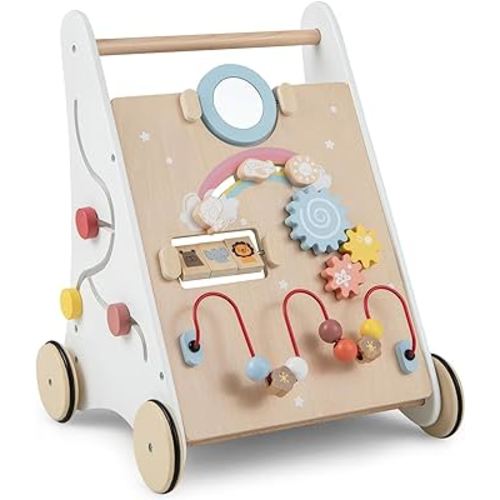 HONEY JOY Baby Push Walker, Wooden Infant Walker Activity Center with Shape Sorter, Develop Motor Skills & Creativity, Push Toys for Babies Learning to Walk, Gift for Boys and Girls (Natural)