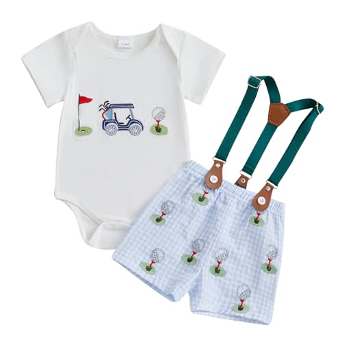Doisbetthsay Toddler Boy Summer Outfits Baby Boy Golf Print Short Sleeves T-Shirt Suspender Shorts Set Infant Boy Clothes Set