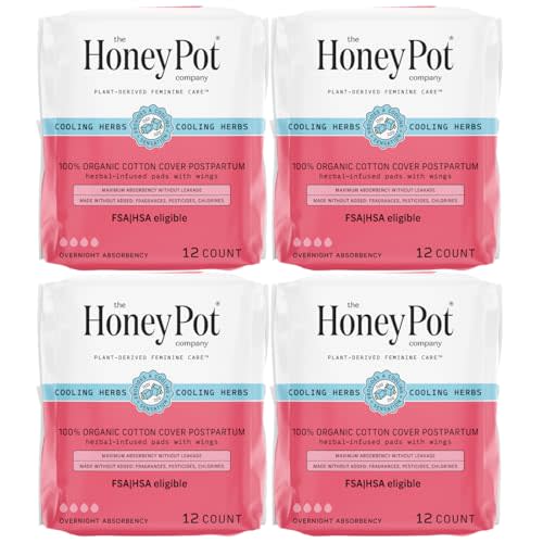 The Honey Pot Company - 48ct - Herbal Postpartum Pads w/Wings - Infused w/Essential Oils for Cooling Effect, Organic Cotton Cover, & Ultra-Absorbent