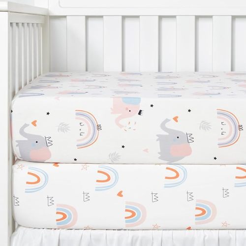 TILLYOU 2 Pack Fitted Crib Sheet Set - 100% Natural Cotton Toddler Bed Mattress Sheets,Standard 28”x 52”, Elephant & Rainbow - 2-pack Elephant & Rainbow - crib sheet