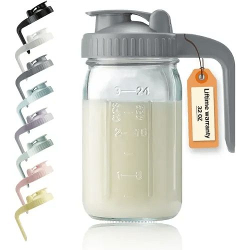 32oz Glass Pitcher with Lid & V-shaped Pour Spout - 1 Quart Breastmilk Pitcher Double Leak Proof, Creamer Container for Sun Tea, Juice, Cold Brew Coffee, Breastmilk Storage Container