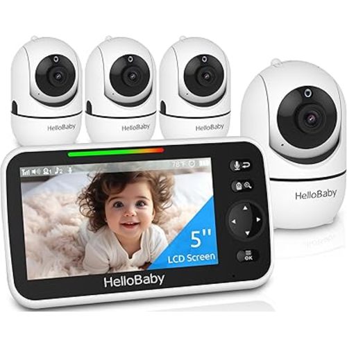 HelloBaby HB6550 5" Baby Monitor 4 Cameras No WiFi, 30-Hour Battery, Pan-Tilt-Zoom, 1000ft Range Video Audio Baby Monitor, ECO, Night Vision, 2-Way Talk, 8 Lullabies and Temperature, Ideal Gifts