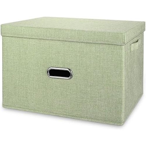 Linen Fabric Collapsible Storage Bins with Removable Lids and Handles, Washable Storage Box Containers Baskets Cube with Cover for Bedroom,Closet,Office,Living Room,Nursery (Green, Medium)
