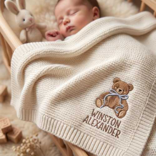 Personalized Embroidered Teddy Bear Baby Blanket with Name - Custom Knit Newborn Gift, Gift For Baby, Nursery Keepsake, Newborn Gift