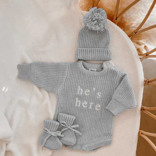 Announcement Bundle - 'He's Here' Knit Set - Powder Blue - Baby Announcement - Coming Home Outfit - Birth Announcement - Baby Boy Outfit