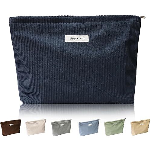 Wudygirl Cosmetic Bags for Women,Travel Makeup Bag,Aesthetic Women Handbags Purses,Large Capacity Corduroy Toiletry bag Zipper Pouch(Navy Blue)