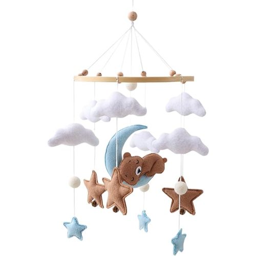 Babe Felt Crib Mobile - Sleeping Bear Moon Cloud Wind Chime Pendant | Nursery Hanging Decor, Diaper Changing Table Ornament, Stroller Decoration, Soft For Calming Sleep, Sensory Stimulation And Room