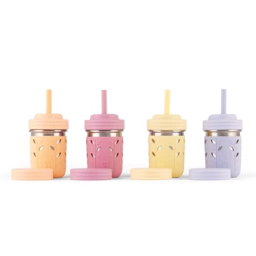 Elk and Friends Stainless Steel Cups | 10 oz Mason Jar design | Kids & Toddler Cups with Silicone Sleeves & Straws with Stopper | Smoothie Cups