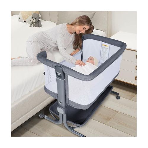 Kinder King Baby Bassinet With Wheels Easy Folding Portable All-sided Mesh Adjustable Height Comfy Mattress & Carry Bag, Grey