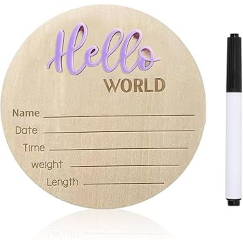 Baby Announcement Sign, ​5.9 Inch Wooden Hello World Newborn Signs, Birth Announcement Sign, Baby Shower Hospital Nursery for Newborn Boys and Girls (Purple,Pen)