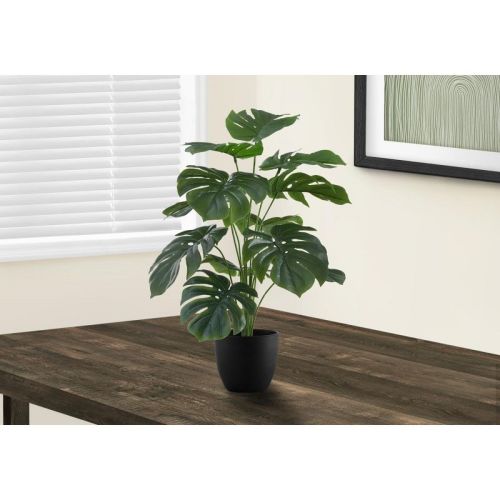 Monarch Specialties Artificial Plant 24 Inch Tall Monstera Indoor Faux Fake Table Greenery Potted Real Touch Decorative Green Leaves Black Pot