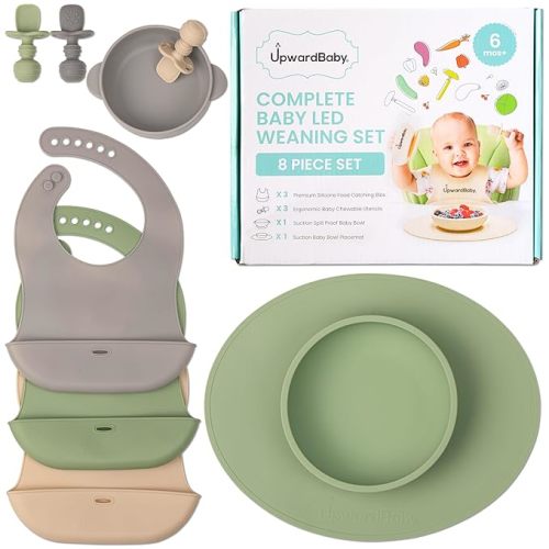 Upward Baby Led Weaning Supplies, Silicone Baby Feeding Set, Baby Feeding Essentials, Baby Led Weaning Set, Baby Eating Essentials, Baby Silicone Feeding Set, Baby Dishes, Baby Plates and Bowls Set - 8PC Green Set with Plate