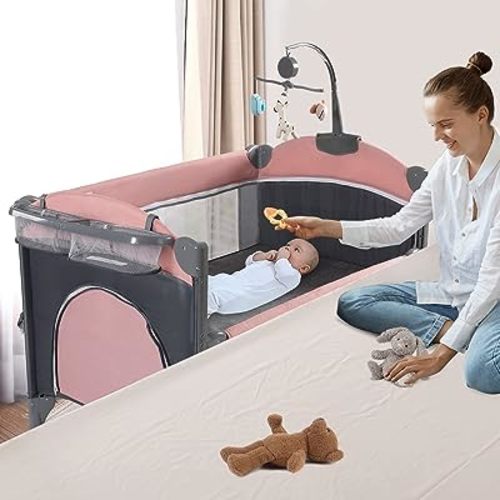 5 in 1 Baby Crib,Baby Bassinet, Bedside Cribs, Pack and Play with Changing Table, Portable Travel bedToys & Music Box,Mattress for Girl Boy Infant Newborn (Pink)