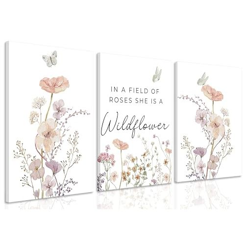 3Pcs Framed Pink Wildflower Wall Art grace Botanical Floral Canvas Posters Prints Inspirational language paintings Flying butterfly pictures Wall Decor for Bedroom Bathroom Living Room Decoration