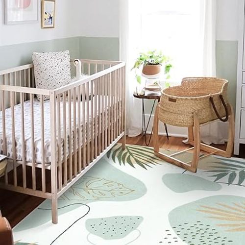 Seavish Boho Area Rugs for Bedroom Aesthetic 3x5 Green Abstract Rugs for Living Room Soft Botanical Print Kids Nursery Playroom Rug Mid Century Modern Leaf Rug for Entryway Office Classroom Dorm
