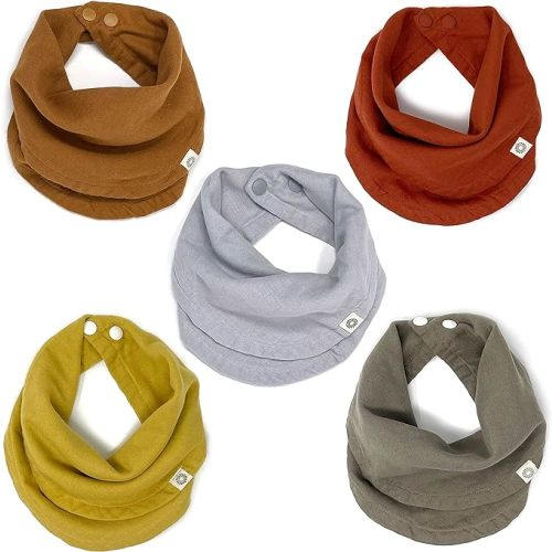 Kishu Baby Indi GOTS Organic Infinity Scarf Bib Set - 4-Way Reversible, 8 Layer Muslin Drool Bibs - Rustic