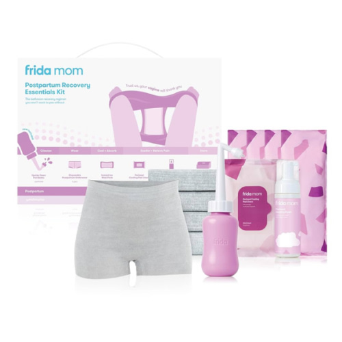 Frida Mom 11pc Postpartum Essentials Kit Gift Set, Hospital Bag Must Haves for New Mom, Includes 4 Disposable Postpartum Underwear, 4 Ice Maxi Pads, Perineal Healing Foam & 24 Pad Liners & Peri Bottle