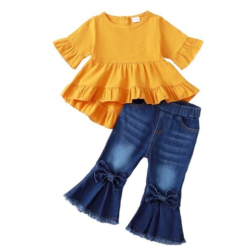 Kucnuzki Toddler Baby Girls Clothes Short Sleeve Shirt Top Flare Denim Jeans 2 Piece Outfits For Girls Cute Clothing Set