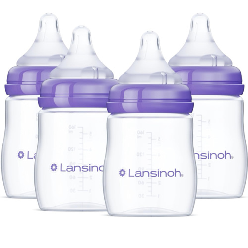 Lansinoh Anti-Colic Baby Bottles for Breastfeeding Babies, 5 Ounces, 4 Count, Includes 4 Slow Flow Nipples, Size S