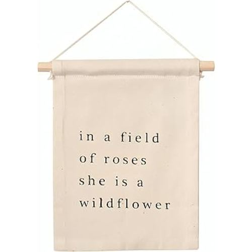 Imani + Kids by Imani Collective Wildflower Canvas Hang Sign Wall Hang. Sewn and screen printed by hand on natural canvas by Kenyan artisans.