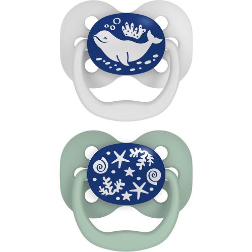 Dr. Brown's Advantage Glow-in-the-Dark Baby Pacifier, Fully Symmetrical Soother with Soft Silicone Bulb, Blue Ocean, 0-6m, BPA Free, 2 Pack