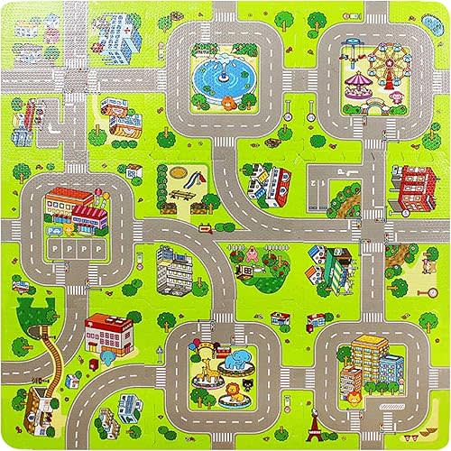 Baby Play Mats, 9 Tiles Foam Play Pad, Interlocking Foam Tiles City Road Track Puzzle Mat for Wheels Rug or Toy Cars/12 x12