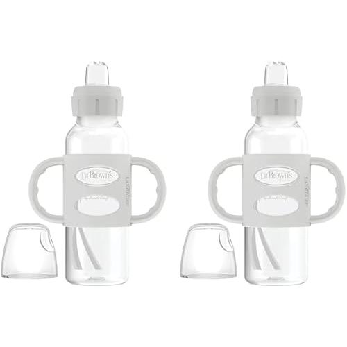 Dr. Brown's Milestones Narrow Sippy Spout Bottle with 100% Silicone Handles, Easy-Grip Handles with Soft Sippy Spout, 8oz/250mL, Gray, 2-Pack, 6m+