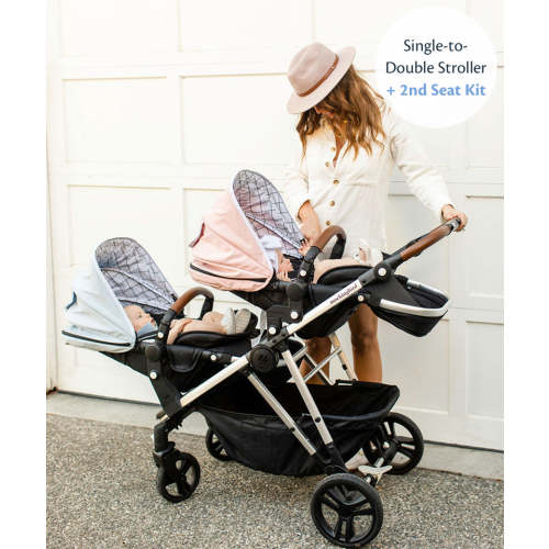 Mockingbird Single-to-Double Stroller | Black, Windowpane, Silver with Penny Leather