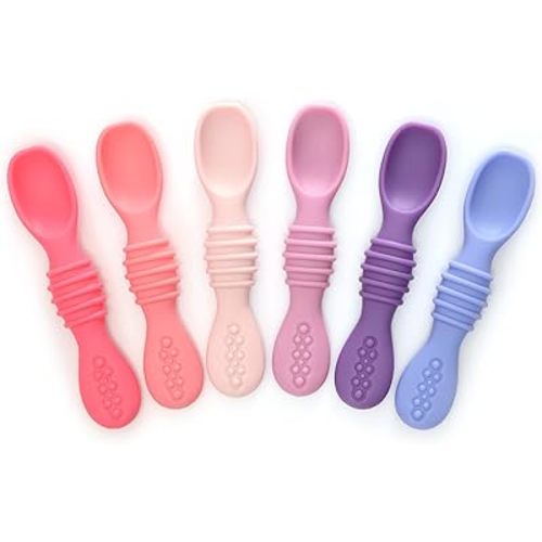 PrimaStella Silicone Chew Spoon Set for Babies and Toddlers - Safety Tested - BPA Free - Microwave, Dishwasher and Freezer Safe - Rosy Shades