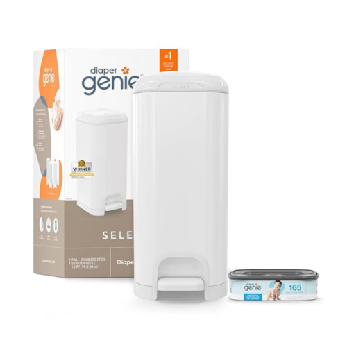 Diaper Genie Select Pail is Made of Durable Stainless Steel and Includes 1 Starter Square Refill That can Hold up to 165 Newborn-Sized Diapers.
