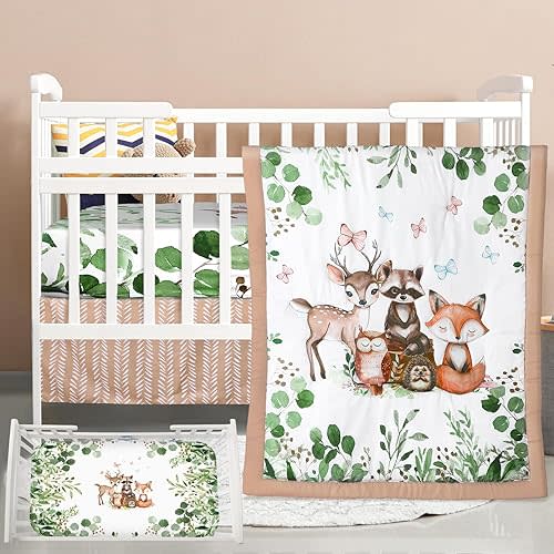 3 Pcs Baby Crib Bedding Set Safari Animals Dinosaurs Bear Woodland Animals Jungle Crib Set Includes Quilt, Fitted Sheet, Skirt for Baby Boy Girl(Green,Woodland Raccoons Deer Etc.)