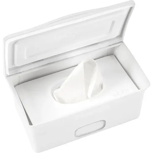 Ubbi Baby Wipes Dispenser, Baby Wipes Case, Baby Wipes Holder with Weighted Plate, Keeps Wipes Fresh, Non-Slip Rubber Feet, White