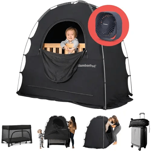 SlumberPod with Fan The Original Blackout Sleep Tent Travel Essential for Baby and Toddlers, Mini Crib and Pack n Play Cover, Sleep Pod with Monitor Pouch and Fan Pouch, Blocks 99% Light, Black