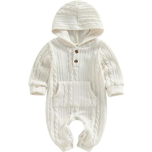 Infant Boys Girls Knit Sweater Romper Baby Toddlers Long Sleeve Hooded Button Up Winter Outfits with Pocket