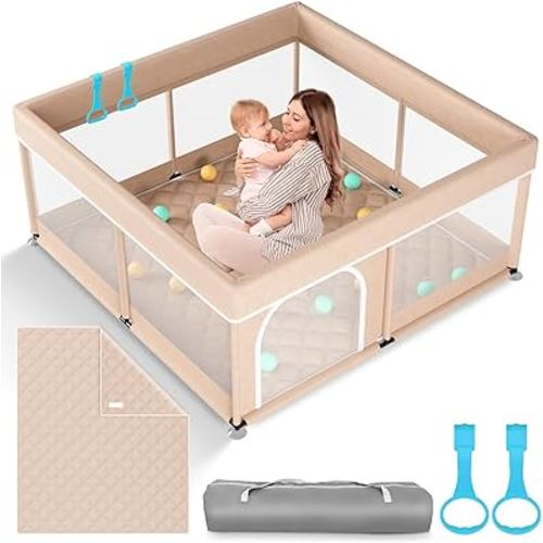 Baby Playpen with Mat 50x50inch: Large Playpen for Babies and Toddlers Indoor Safety Play Pen with Soft Breathable Mesh - All-Wrapped Sponge Sturdy Play Yard with Stable Mat Magic Sticker Beige