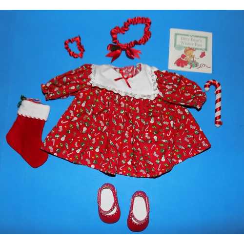 1997 Bitty Baby Christmas Outfit Pleasant Company American Girl Doll Holiday Red Dress Stocking Candy Cane Headband Set Like New
