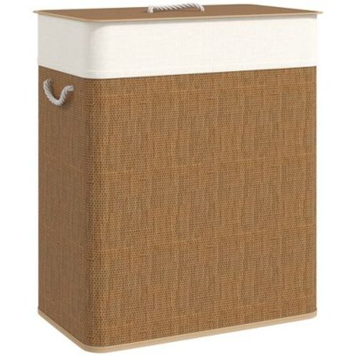 HOMCOM Double Laundry Basket with Lid, 26.4 Gallon Bamboo Laundry Hamper with Rope Handles, Clothes Hamper with Removable Liner for Bedroom