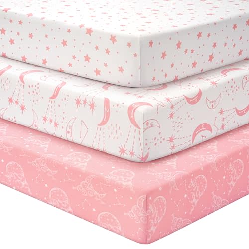 Unnivoll Baby Crib Sheets for Boys Girls, Fitted Crib Sheet Neutral 3 Pack for Standard Crib and Toddler Mattress, Breathable Soft Microfiber Baby Sheet 28x52x8in Pink White Moon