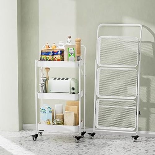 JAQ Foldable Rolling Cart, 3-Tier Metal Slim Folding Storage Utility Carts Basket Rack Organizer with Handle on Wheels for Snacks Books Fruits for Kitchen Living Room Bathroom - (White, 3-Layer)
