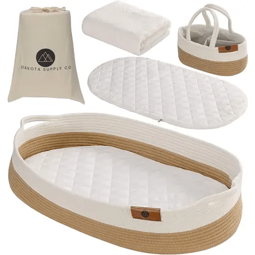 Baby Changing Basket, Moses Diaper Basket w/ foam pad, 2 waterproof covers, blanket, diaper caddy organizer, table/dresser/nursery topper, boho bassinet station woven rope tray, storage (Brown)