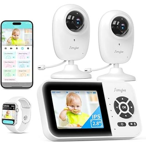 Smart Baby Monitor with 2 Cameras and Audio,App,Long Range,Night Vision,Temperature Sensor,2 Way Talk, Feeding Clock and lullabies,Home Use