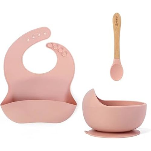 Ginbear Baby Bowls with Suction, Silicone Bibs, Self Feeding Spoons, Led Weaning Supplies, Toddler Eating Set for Ages 6 Months+ (Baby Pink)