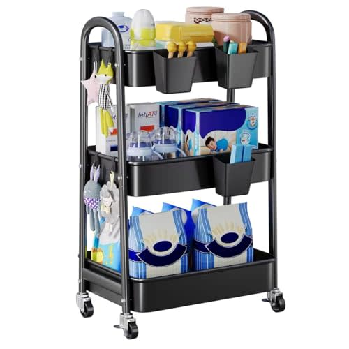 Baby Diaper Caddy, 3 Tier Rolling Baby Essentials Storage Cart with lockable Wheels, Newborn Must Haves Stuff Organizer, Black Three Tiered Utility Carts for Art, Craft, Changing Diaper Table, Nursery