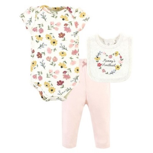 Hudson Baby Infant Girl Cotton Bodysuit, Pant and Bib Set, Soft Painted Floral, 3-6 Months