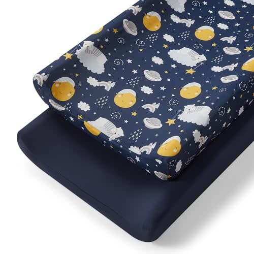 TILLYOU Changing Pad Cover Set in Soft Jersey Material - Fits 32"/34''x16 Contoured Pad for Babies, Starry Adventure and Dark Blue