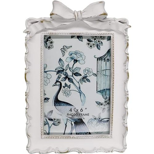 BLYBH Vintage Picture Frame 4x6 Bowknot Retro Photo Frames, Tabletop & Wall Hanging Ornate Antique Picture Frame with High Definition Glass, White