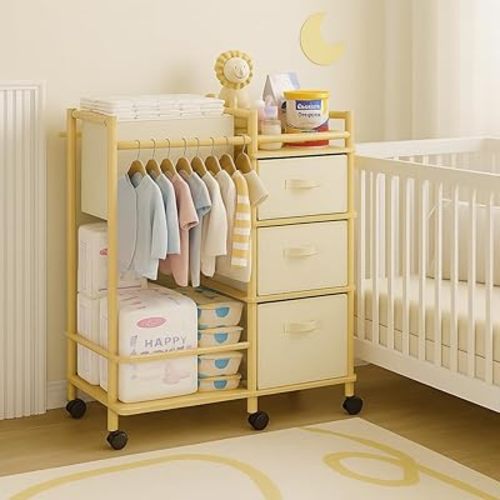 Solid Bamboo Baby Diaper Caddy Cart, Diaper Cart Organizer with Wheels, Mobile Multi-Functional Small Baby Care Station, Store All baby Supplies,for Nursery, Changing Table and Crib
