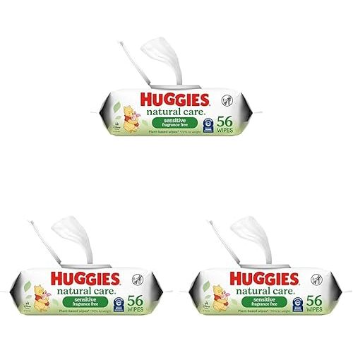 Huggies Natural Care Sensitive Baby Wipes, Unscented, Hypoallergenic, 99% Purified Water, 1 Flip-Top Pack (56 Wipes Total) (Pack of 3)