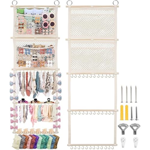 Headband Holder, 17x50in Bow Holder W/ 2 Mesh Pockets & 36 Metal Hooks, Bow Organizer for Girls Hair Clip Jewerly, Wall Hanging Hair Accessories Storage Hanger for Baby Toddler Nursery Decor(Beige)