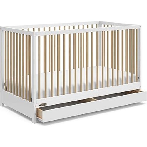 Graco Teddi 5-in-1 Convertible Crib with Drawer (White with Driftwood) – GREENGUARD Gold Certified, Crib with Drawer Combo, Full-Size Nursery Storage Drawer, Converts to Toddler Bed